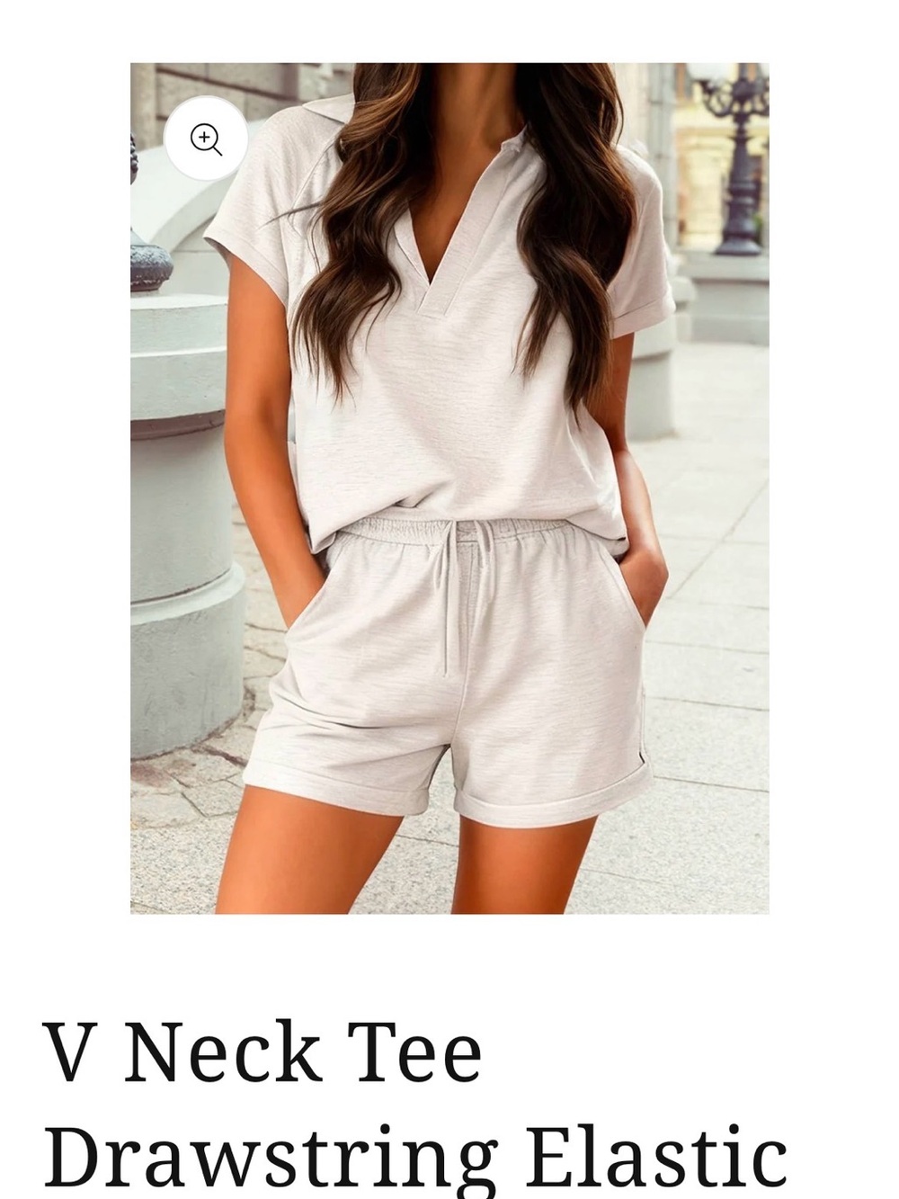 Women's Cream V-Neck Tee & Drawstring Shorts Set